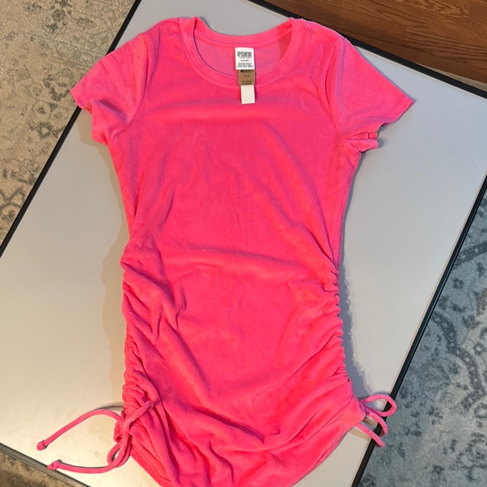 Pink Short Sleeve Ruched Dress/Beach Cover Up